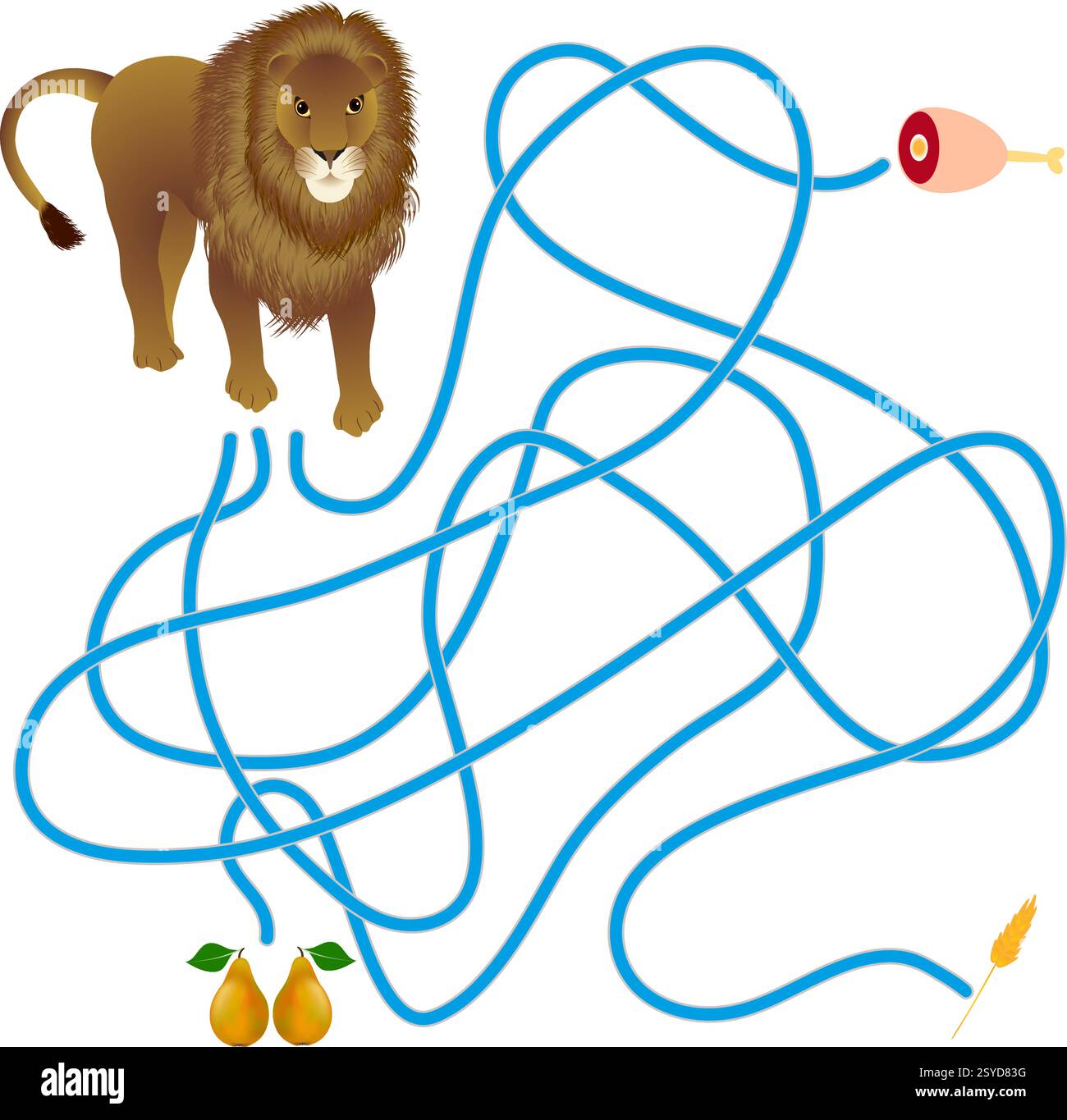 Jeu de labyrinthe, lion et nourriture. Illustration de Vecteur