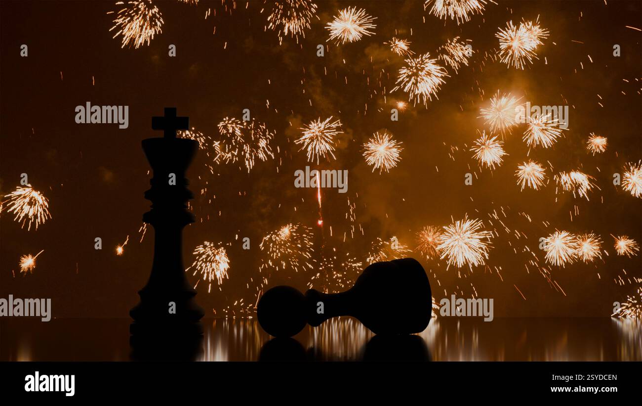 Roi noir et un pion couché à côté de lui sur fond de feux d'artifice, modèles 3D de pièces d'échecs, échecs Banque D'Images