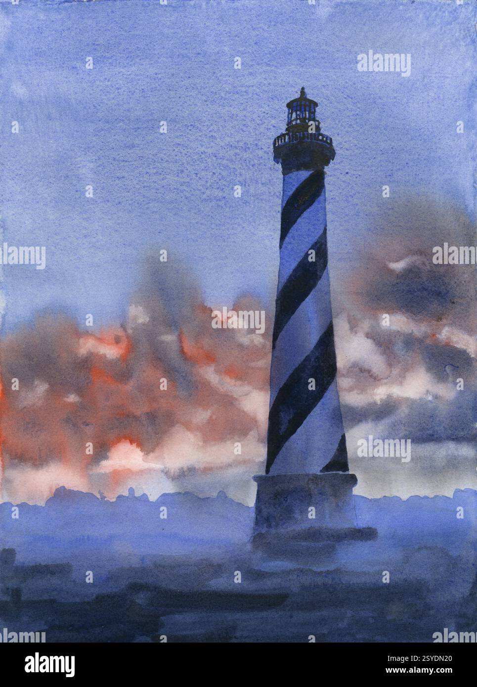 Cape Hatteras aquarelle peinture Outer Banks North Carolina nautique Beach House art paysage coucher de soleil art Banque D'Images