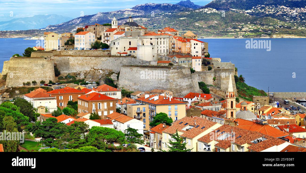 Voyage sur l'île de Corse. Panorama de la ville côtière de Calvi, vue sur la forteresse citadelle. Monuments historiques de France Banque D'Images