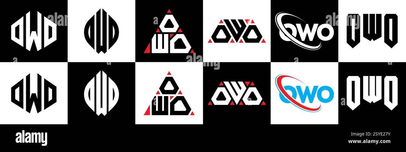 Conception de logo de lettre OWO dans le style six. OWO polygone, cercle, triangle, hexagone, style plat et simple avec couleur noir et blanc variation lettre logo se Illustration de Vecteur