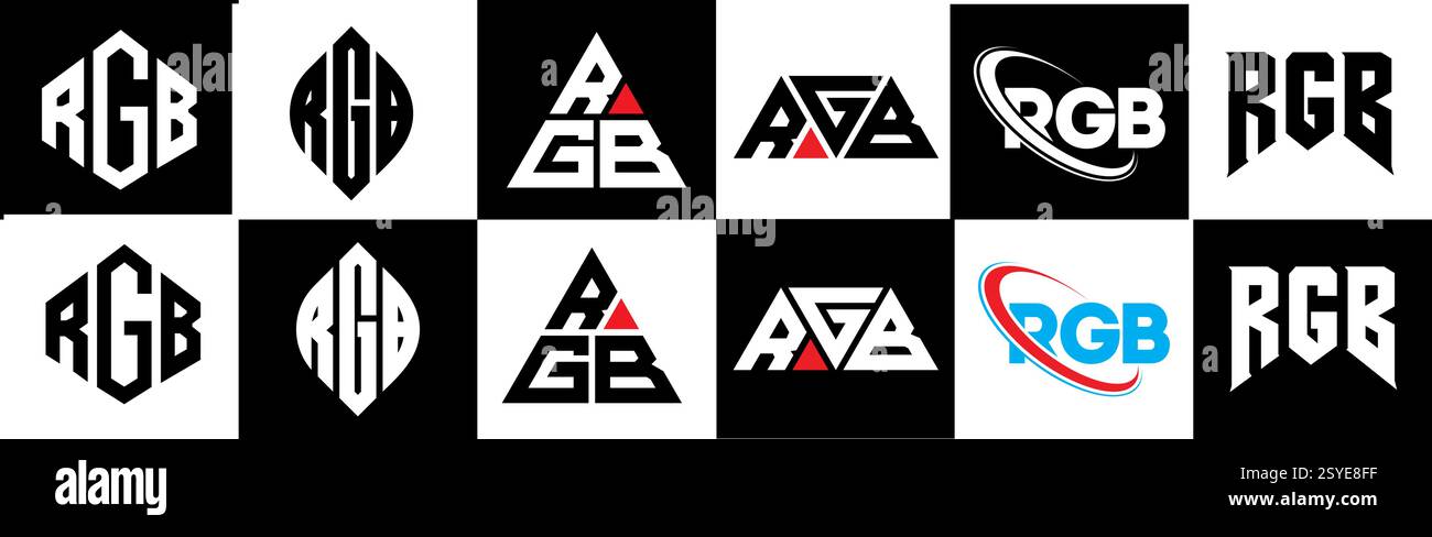 Design de logo de lettre RGB dans le style six. Polygone RVB, cercle, triangle, hexagone, style plat et simple avec variation de couleur noir et blanc lettre logo se Illustration de Vecteur