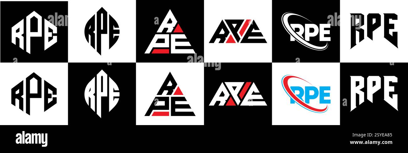 Conception de logo de lettre RPE dans le style six. RPE polygone, cercle, triangle, hexagone, style plat et simple avec couleur noir et blanc variation lettre logo se Illustration de Vecteur