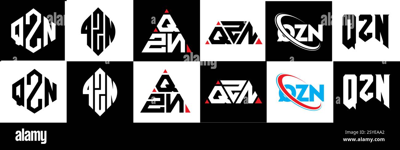 Conception de logo de lettre QZN dans le style six. QZN polygone, cercle, triangle, hexagone, style plat et simple avec variation de couleur noir et blanc lettre logo se Illustration de Vecteur
