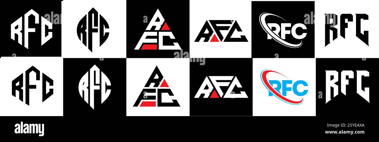 Design de logo de lettre RFC dans le style six. Polygone RFC, cercle, triangle, hexagone, style plat et simple avec logo de variation de couleur noir et blanc Illustration de Vecteur