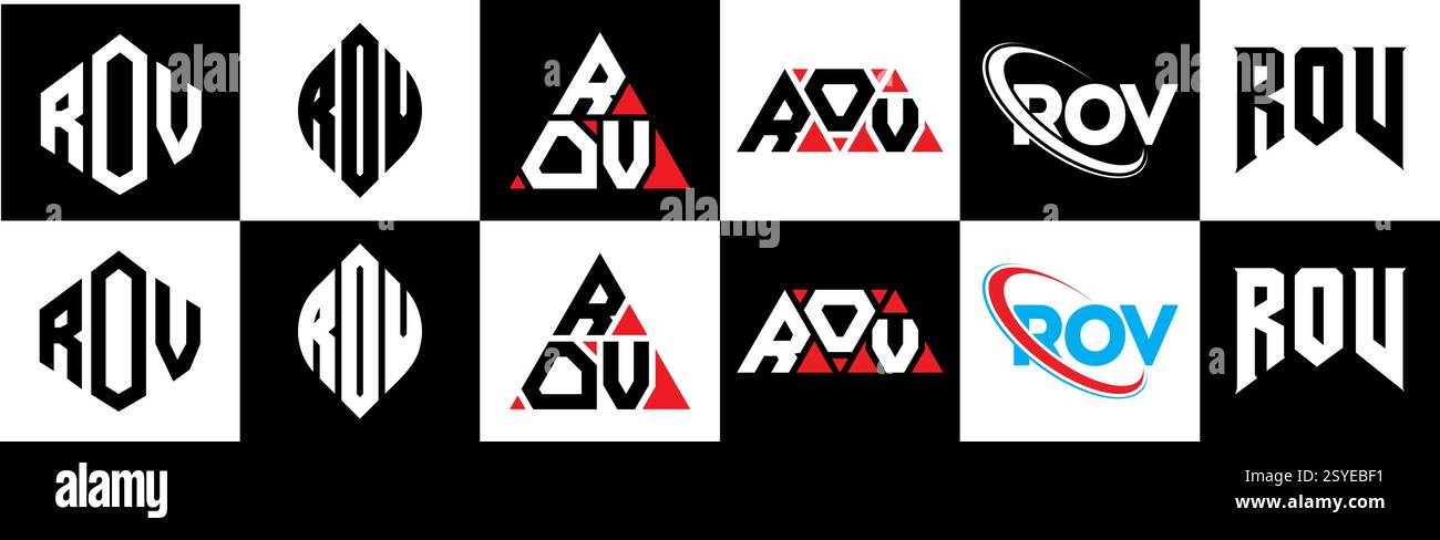 Conception de logo ROV lettre dans le style six. ROV polygone, cercle, triangle, hexagone, style plat et simple avec couleur noir et blanc variation lettre logo se Illustration de Vecteur