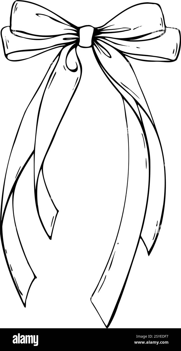 Noeud en satin en tissu, étroit en deux couches avec de longs rubans torsadés. Dessin graphique illustration dessin au trait dessiné à la main, contour à l'encre noire Illustration de Vecteur