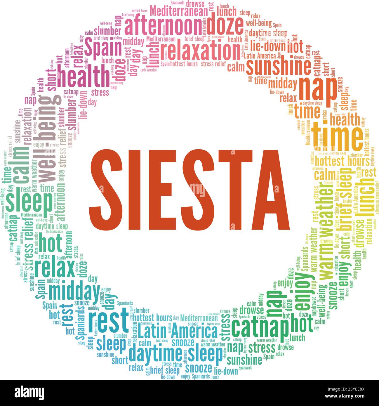 Siesta - illustration vectorielle sieste d'après-midi nuage de mot isolé sur un fond blanc. Illustration de Vecteur