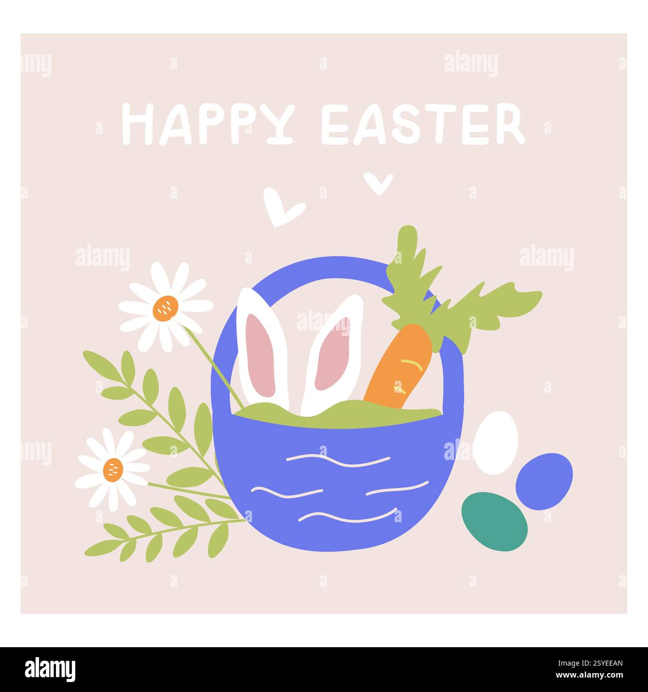 Éléments de Pâques avec panier, œufs colorés, oreilles de lapin, fleurs de camomille et verdure. Un ensemble printanier d'éléments pour la conception de bannières et de cartes postales en l'honneur des célébrations de Pâques. Illustration de Vecteur