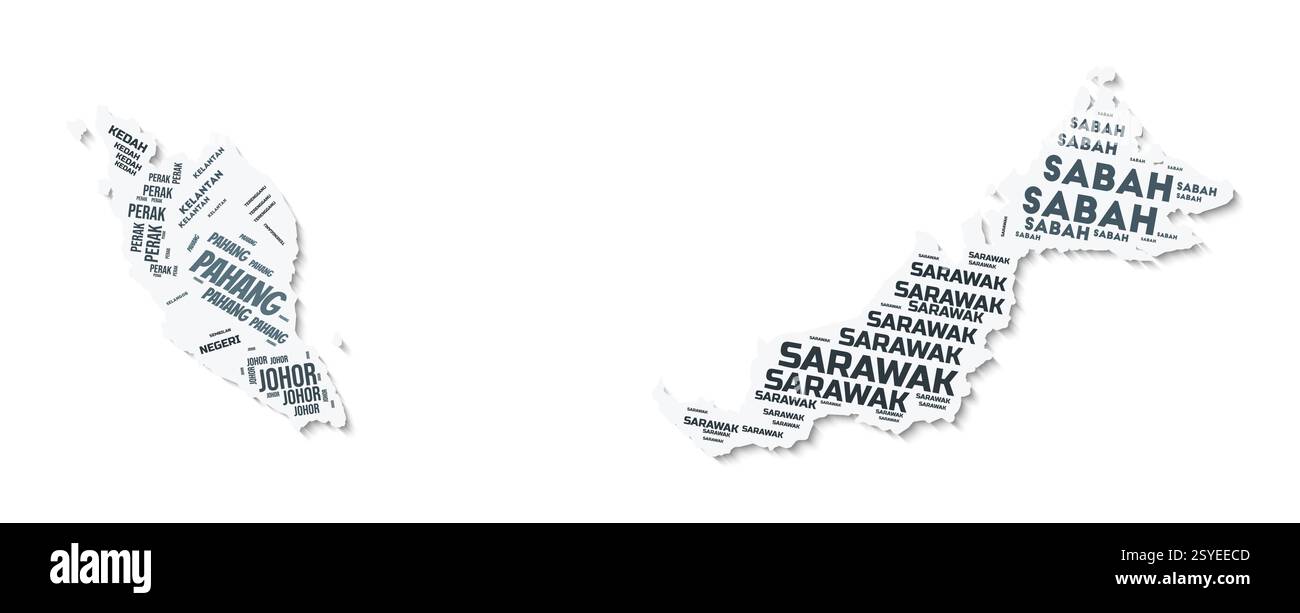 Nuage de texte de forme Malaisie. Frontière de pays avec ombre sur fond blanc. Malaisie avec division des régions dans le style vintage gazette. Illustration de Vecteur