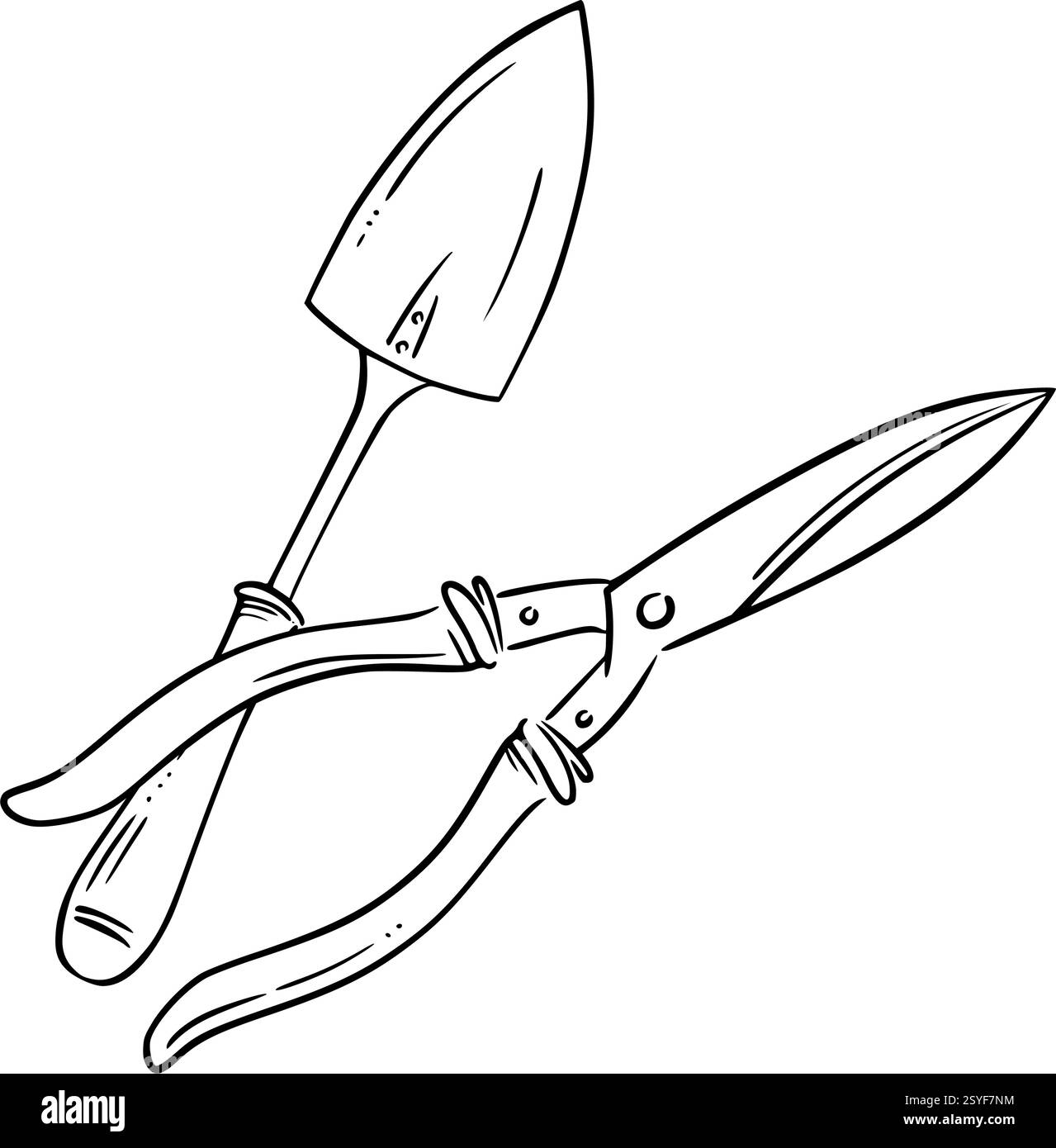 Sécateur et truelle de jardin. Illustration vectorielle linéaire élégante. Idéal pour l'aménagement paysager, les outils de jardinage, la plantation de printemps et le travail en extérieur Illustration de Vecteur