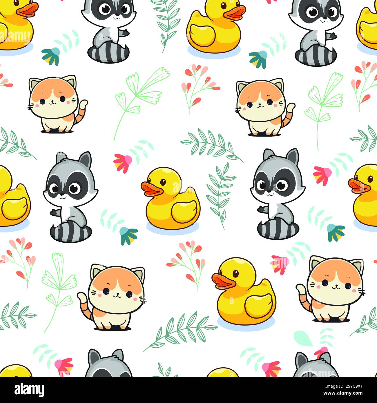 Motif sans couture avec chats ludiques, ratons laveurs, canards en caoutchouc et accents floraux dans un style de bande dessinée. Banque D'Images