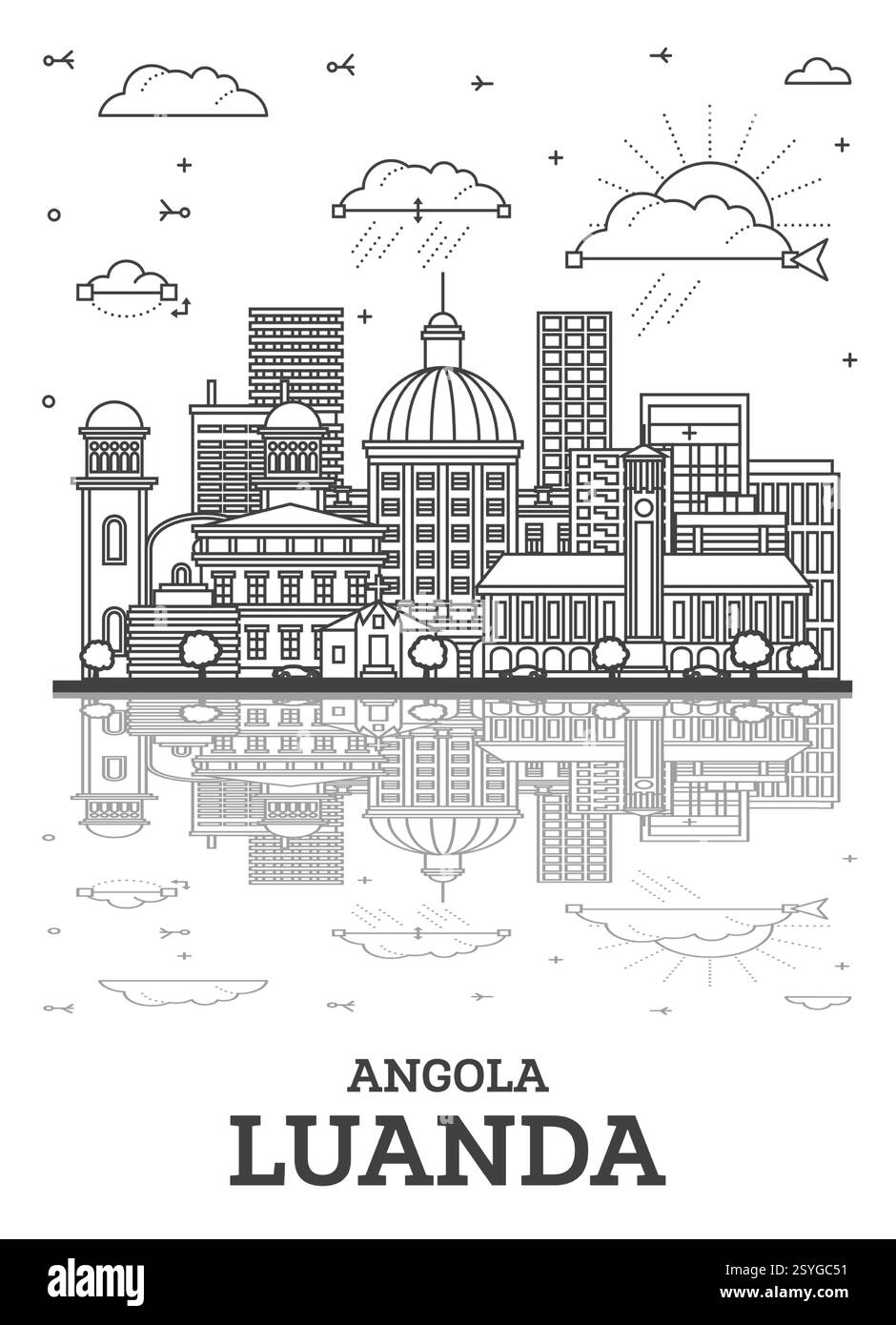 Esquissez Luanda Angola City Skyline avec des bâtiments modernes et des reflets isolés sur blanc. Illustration vectorielle. Paysage urbain de Luanda avec des monuments. Illustration de Vecteur