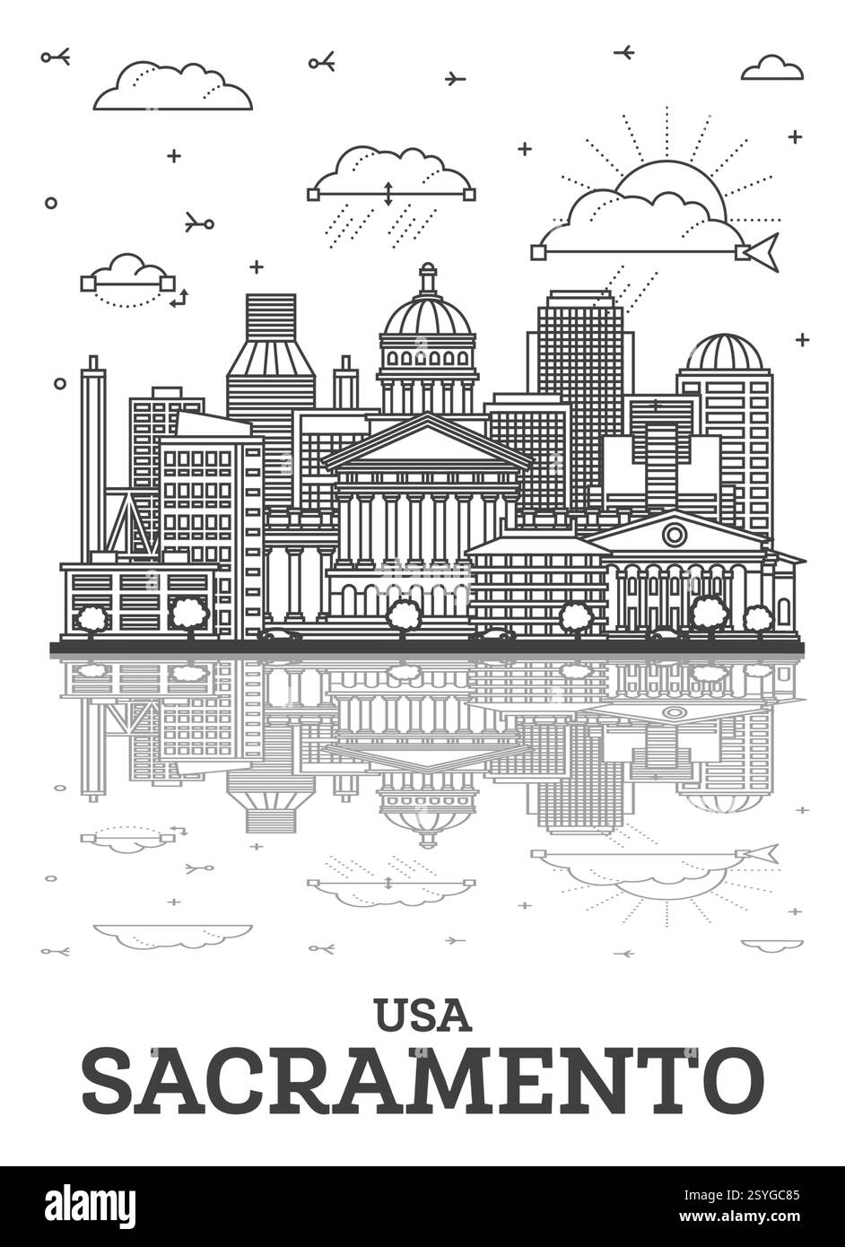 Esquissez les gratte-ciel de la ville de Sacramento en Californie avec des bâtiments modernes et des reflets isolés sur blanc. Illustration vectorielle. Paysage urbain de Sacramento USA. Illustration de Vecteur