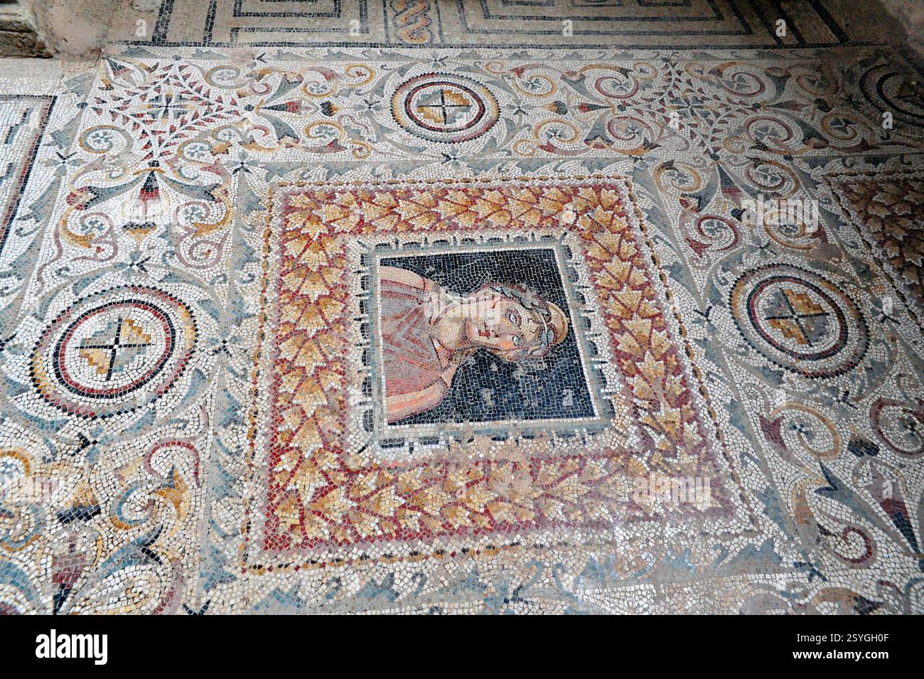Mosaïque dans une villa souterraine à Bulla Regia, Tunisie Banque D'Images