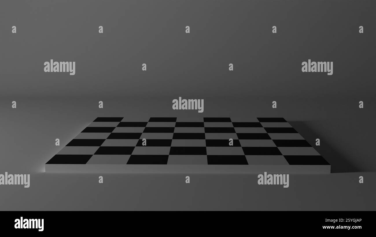 Modèle 3D d'un échiquier sur un fond blanc dans l'obscurité, jeu, échecs Banque D'Images