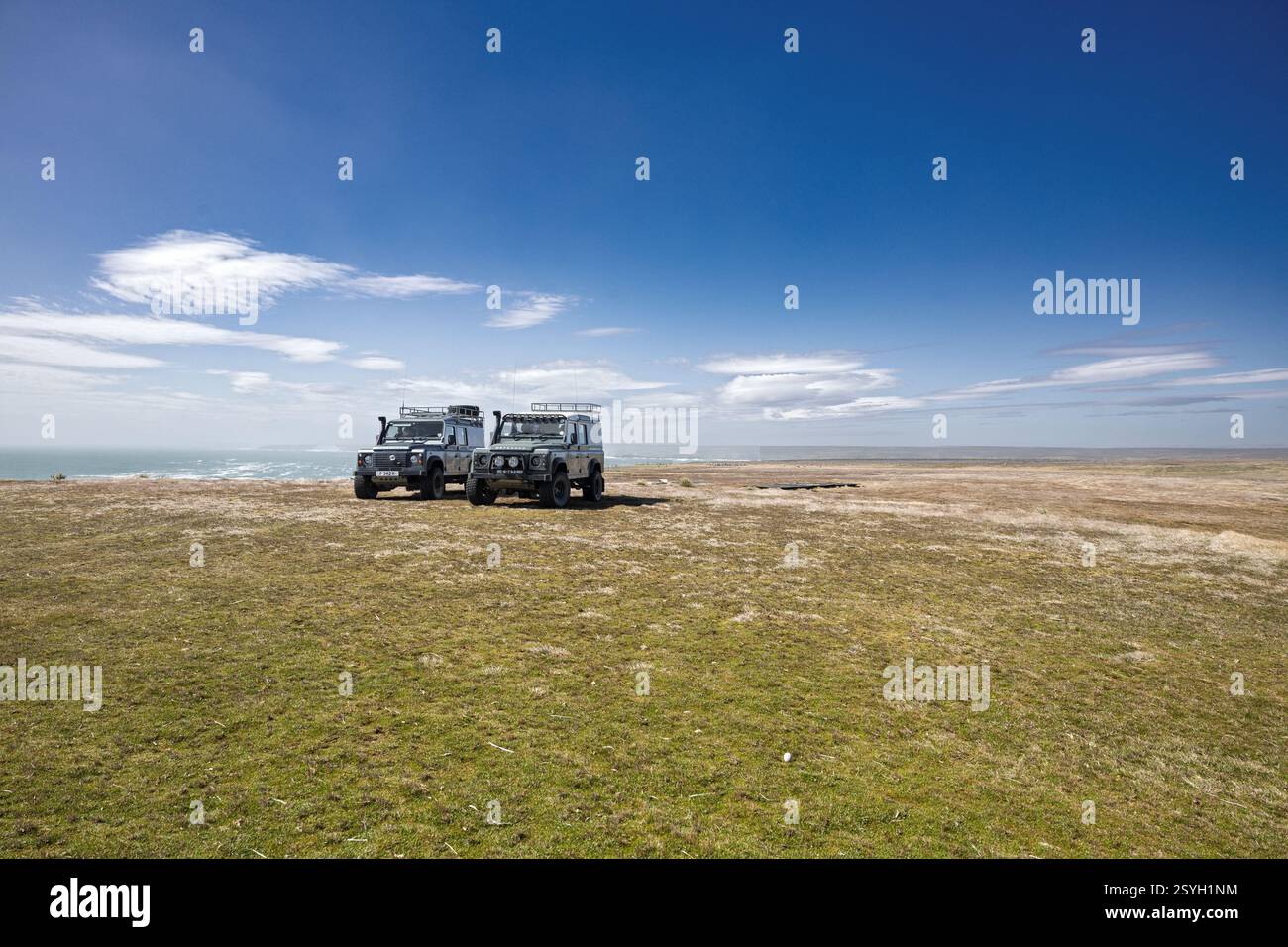 Land Rover 4x4 transport hors route à Cape Bourgainville, East Island, îles Falkland Banque D'Images