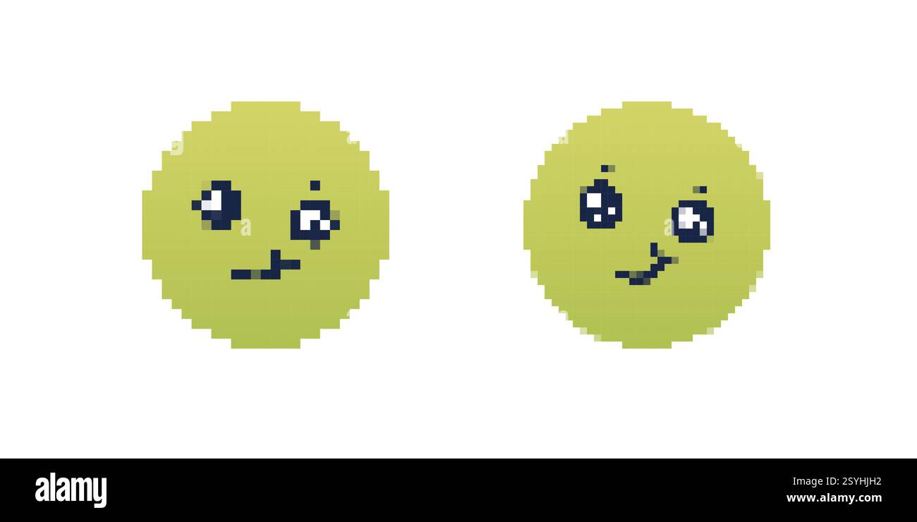 Mignon pixel smileys avec clin d'œil et yeux larges dans la couleur vert vif Illustration de Vecteur
