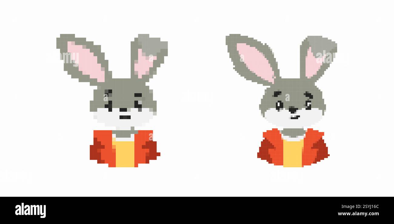 Pixel art lapin gris mignon avec veste orange, deux expressions, design simple, graphique numérique Illustration de Vecteur