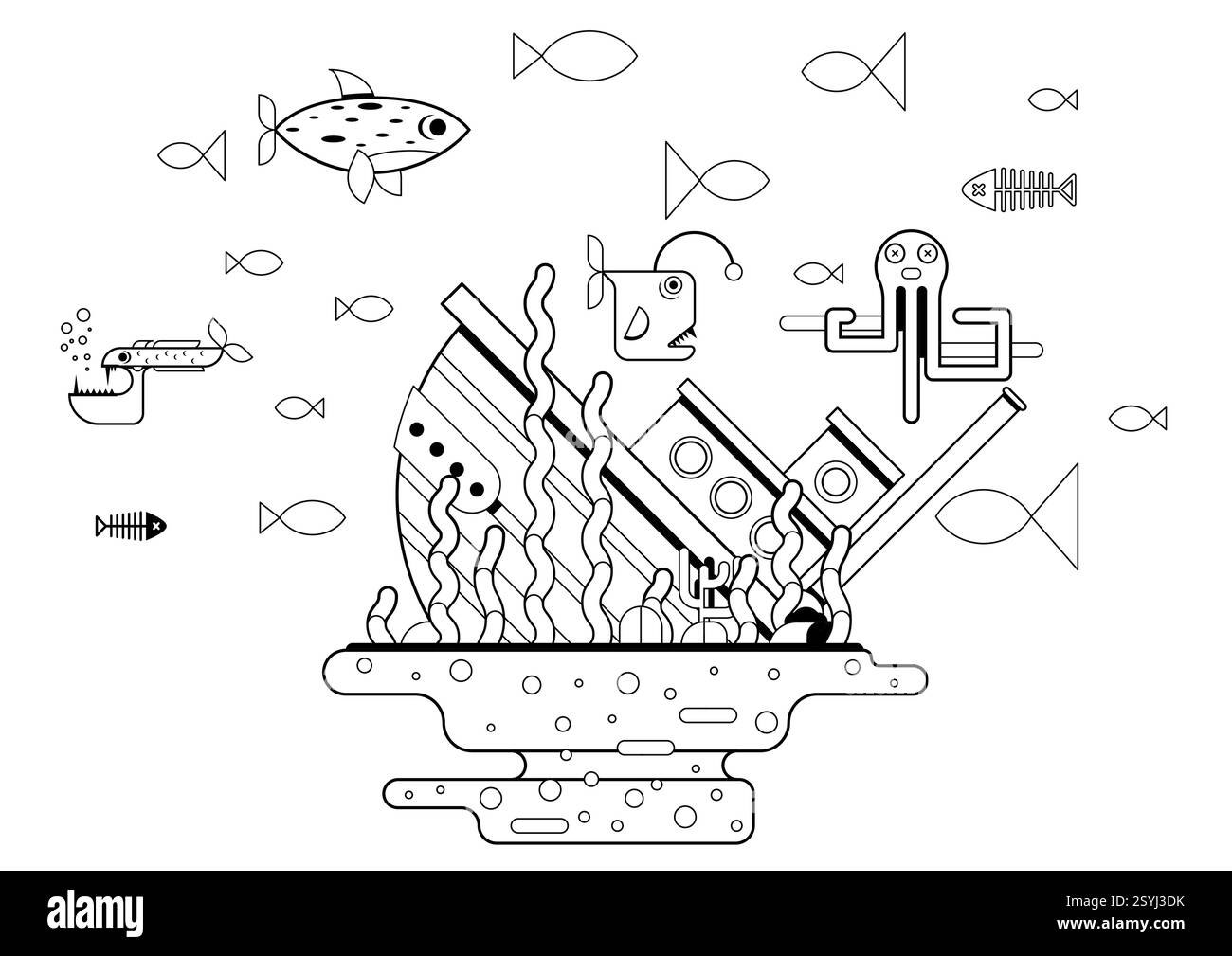 Une scène sous-marine détaillée montre un naufrage entouré de divers poissons et de formations coralliennes vibrantes. L'illustration capture la beauté de la marine Illustration de Vecteur
