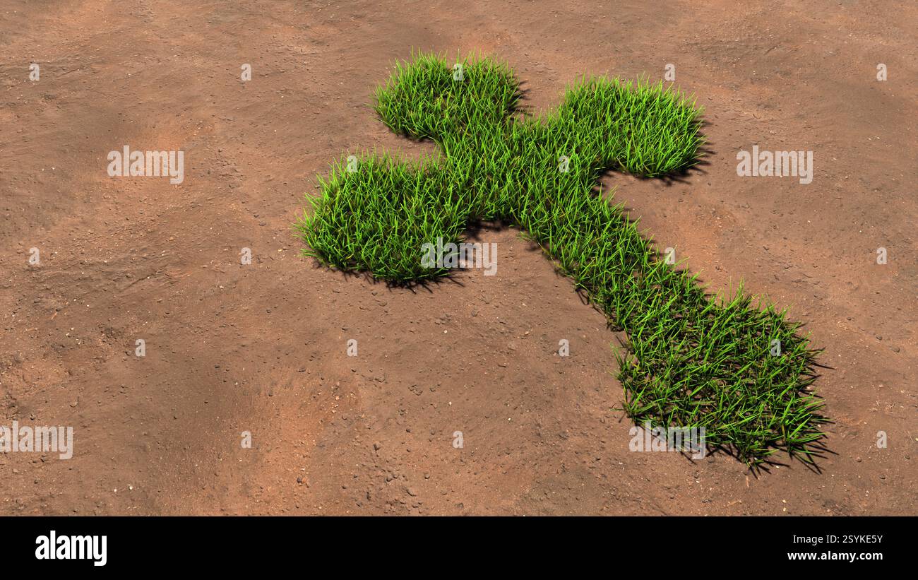 Concept conceptuel vert été pelouse herbe symbole forme sur sol brun ou fond de terre, signe de la croix chrétienne religieuse. 3d métaphore de l'illustration Banque D'Images