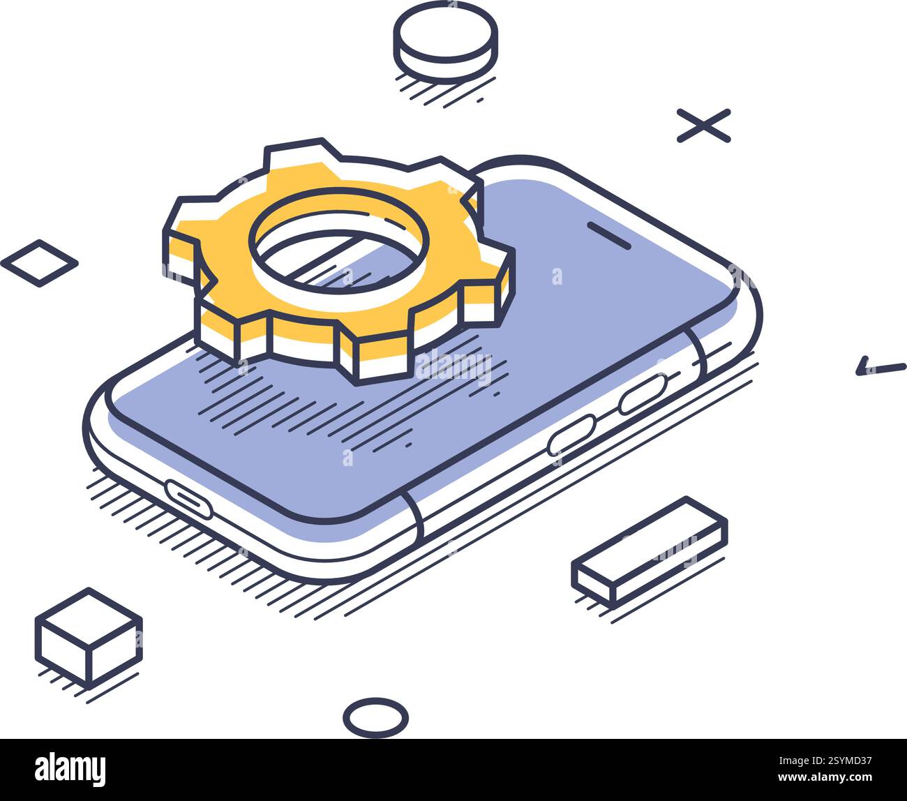 Icône de dessin au trait isométrique mettant en vedette un smartphone avec une superposition d'engrenage, symbolisant le support technique. Idéal pour les infographies et les projets numériques se rapportent Illustration de Vecteur