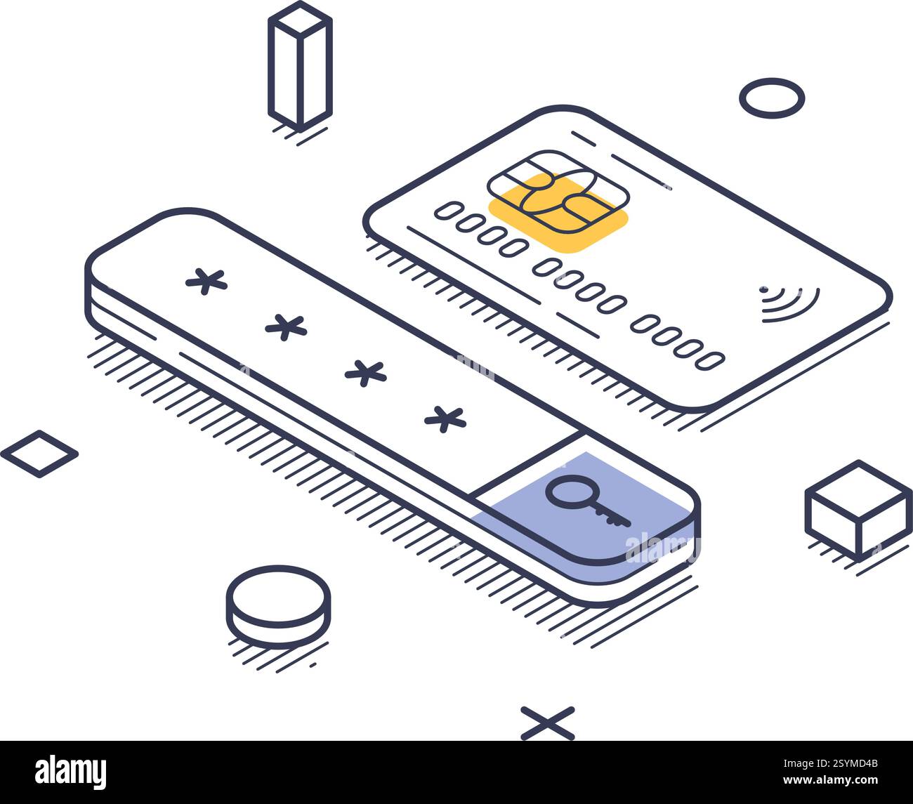 Concept de protection des données avec un élément sécurisé, indiquant une sécurité accrue dans les transactions numériques. Illustration vectorielle isométrique moderne d'art au trait Illustration de Vecteur