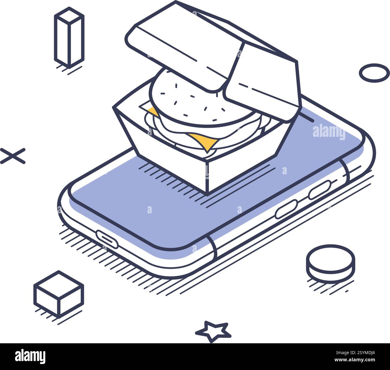 Smartphone avec une boîte à emporter contenant un hamburger, mettant l'accent sur le concept de livraison de nourriture. Il représente de manière créative des options de restauration modernes. Isome moderne Illustration de Vecteur