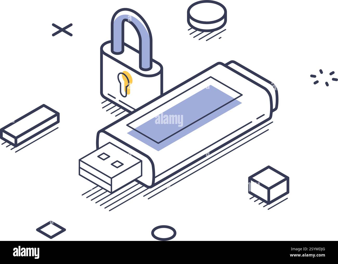 Clé USB sécurisée par un cadenas, mettant en évidence les thèmes de la protection des données et de la sécurité. Le design comprend diverses formes géométriques pour enrichir les compos Illustration de Vecteur