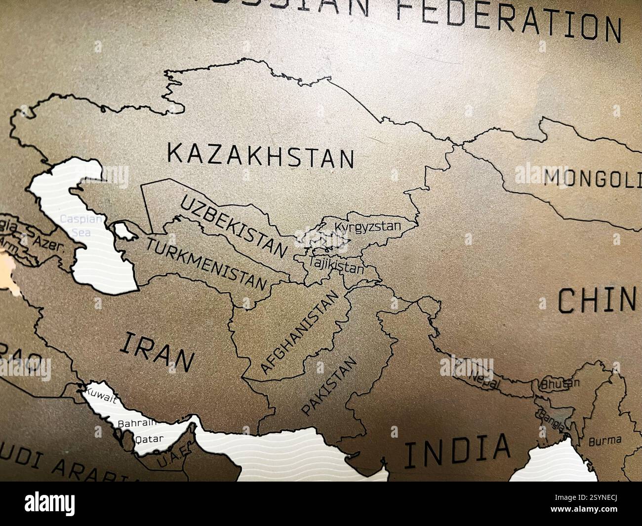 Carte détaillée de l'Asie centrale mettant en évidence des pays tels que le Kazakhstan, l'Ouzbékistan et l'Iran Banque D'Images