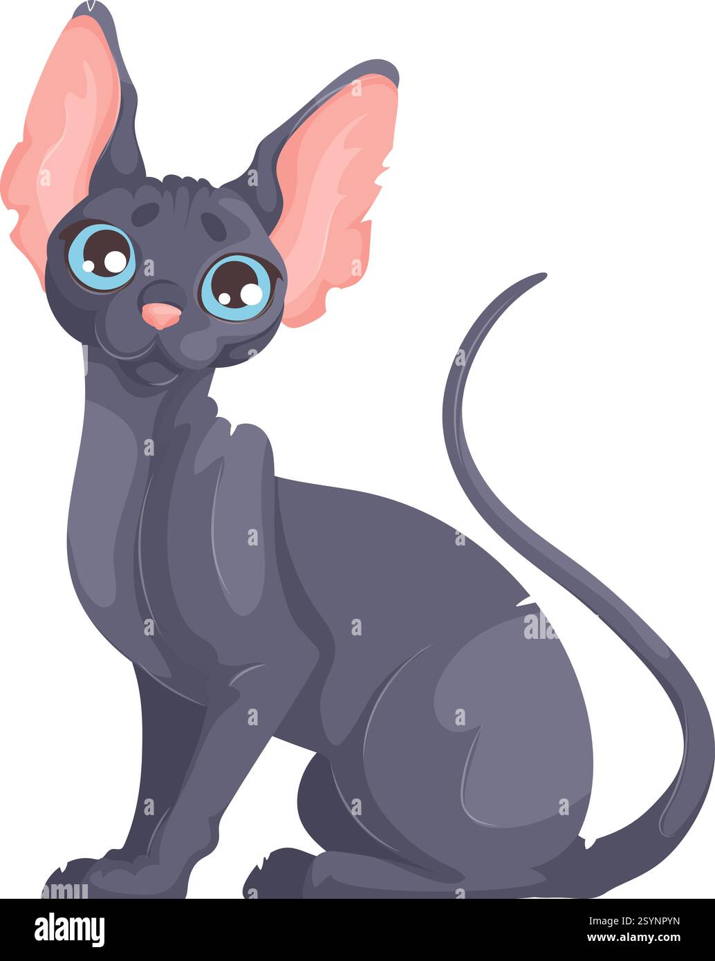 Illustration vectorielle d'un chat noir sans poils avec des yeux bleus, de grandes oreilles et une queue recourbée assis debout sur un fond blanc. Illustration de Vecteur