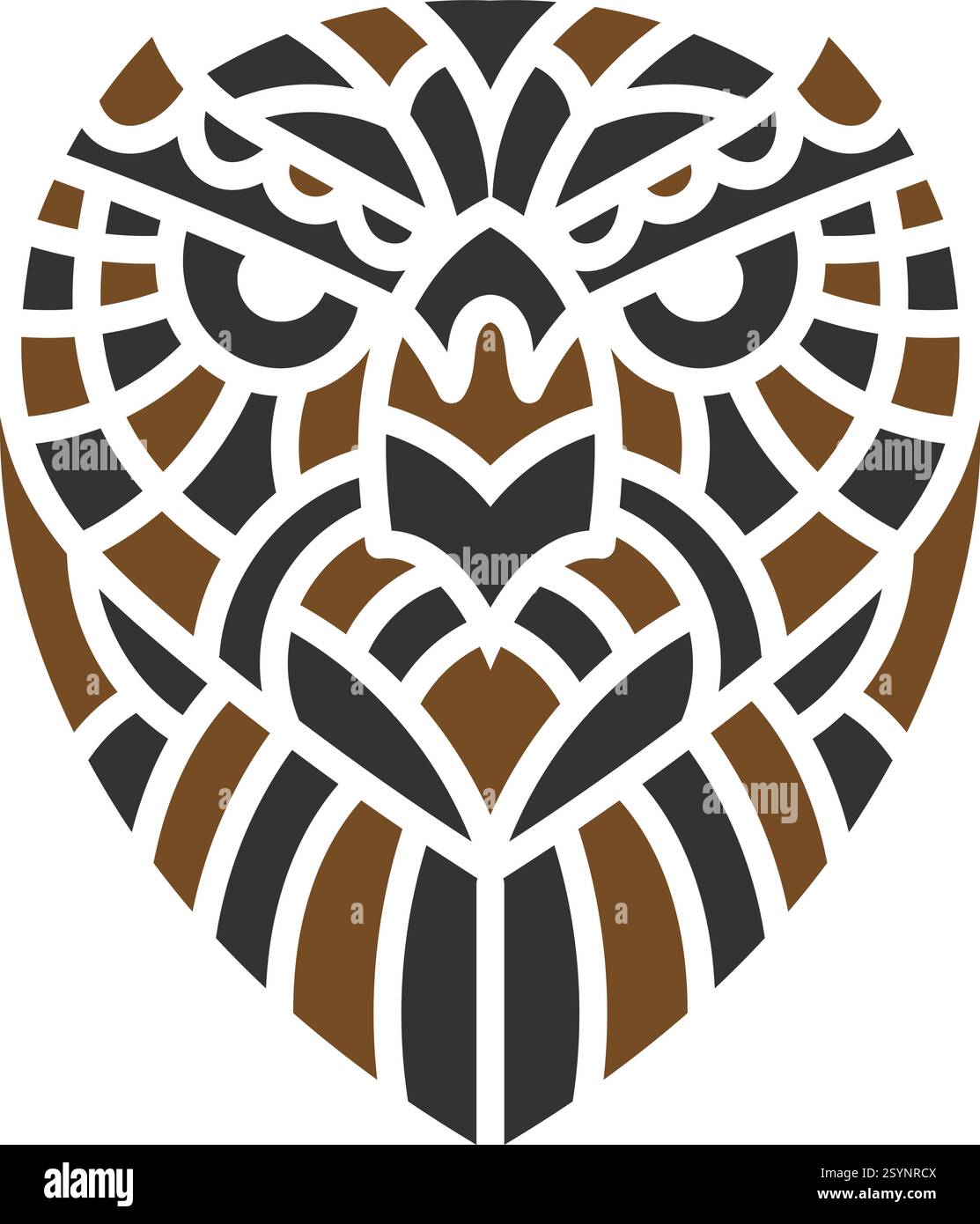 Design frappant de tatouage de visage de hibou tribal avec des motifs géométriques audacieux en noir et marron, symbolisant la sagesse, la force et l'intuition. Illustration de Vecteur