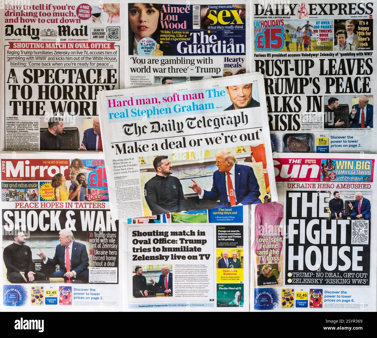 1er mars 2025. Les premières pages des journaux britanniques sont choquées par la dispute entre Trump et le président Zelenskyy à la Maison Blanche américaine. Banque D'Images