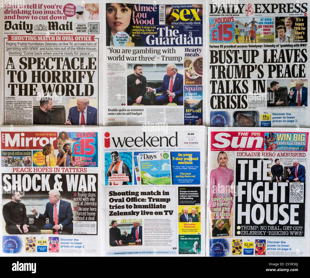 1er mars 2025. Une sélection de pages de journaux britanniques sont choquées par la dispute entre Trump et le président Zelenskyy à la Maison Blanche américaine. Banque D'Images