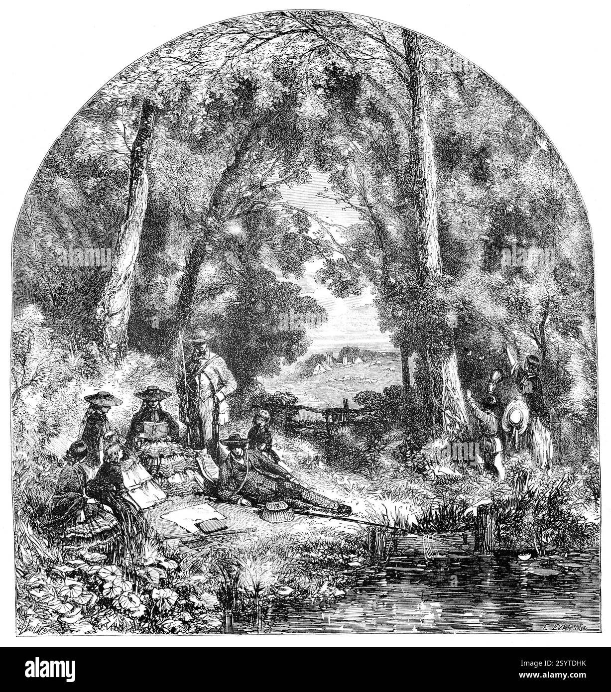 Hommes et femmes au bord de la rivière lecture et pêche, London Illustrated News, 2 août 1856, vol 29 (814) Banque D'Images