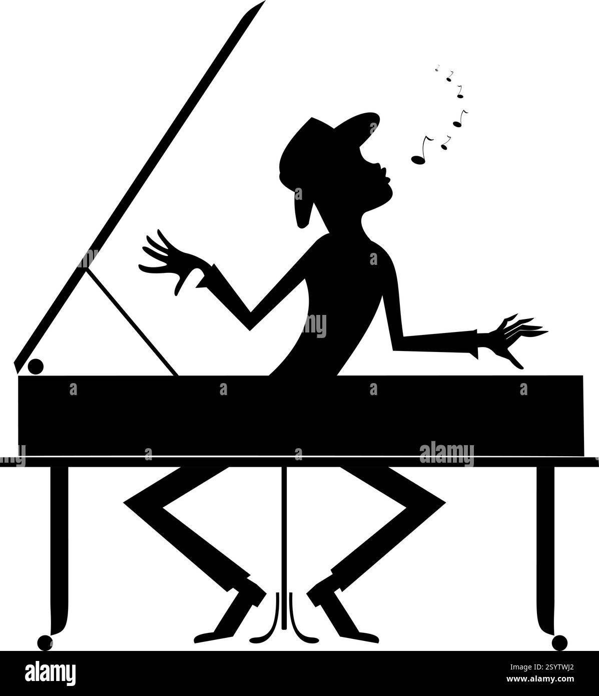L'homme joue du piano et chante. Homme jouant de la musique au piano et chantant. Illustration noir sur blanc Illustration de Vecteur