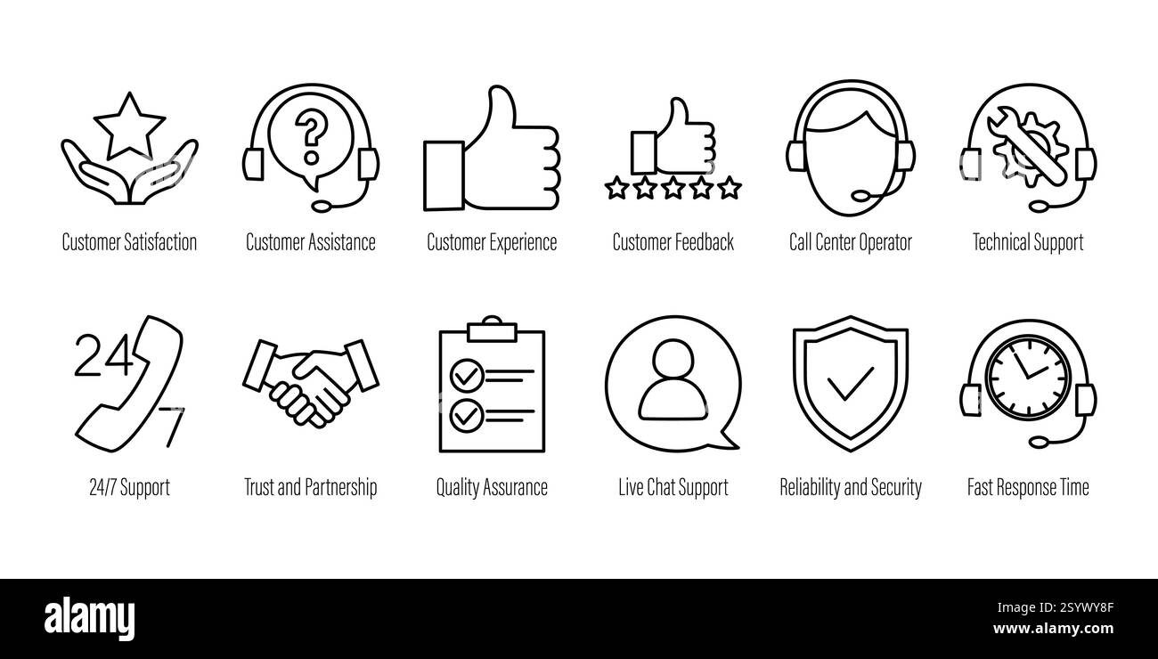 Icônes de service à la clientèle et de communication définies. Icônes d'entreprise de ligne mince, y compris centre d'appels, chat en direct, commentaires, confiance, sécurité, et 24/7 prennent en charge f Illustration de Vecteur