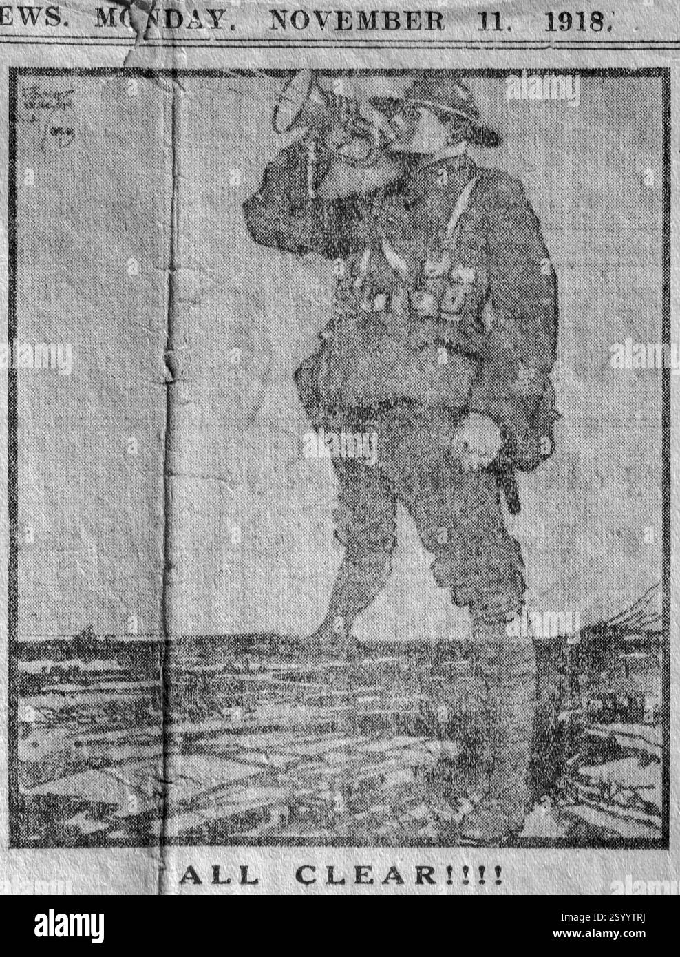 'Tout est clair!!!' - Une illustration de célébration tirée du Evening News, publié le 11 novembre 1918, jour de l'Armistice, représentant un soldat soufflant un bugle, signalant la fin de la première Guerre mondiale Banque D'Images