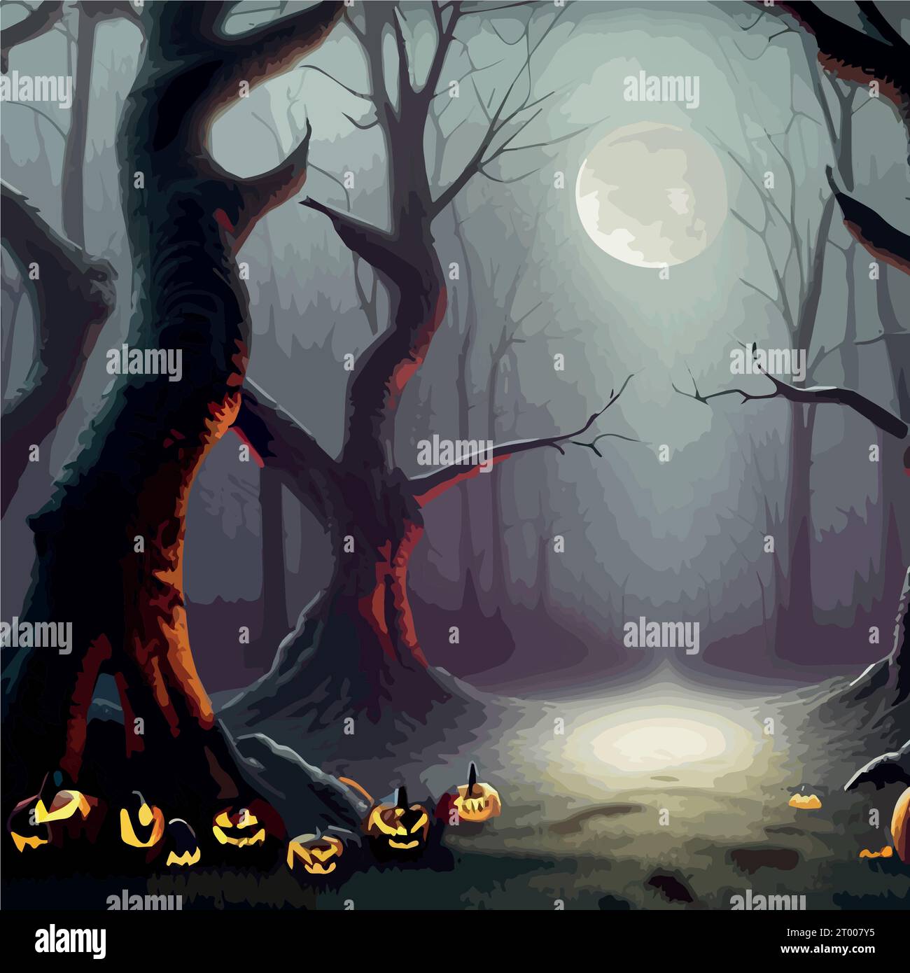 Fond sombre d'Halloween de forêt avec des chauves-souris, des arbres. Halloween violet, modèle violet. Illustration vectorielle. Illustration de Vecteur