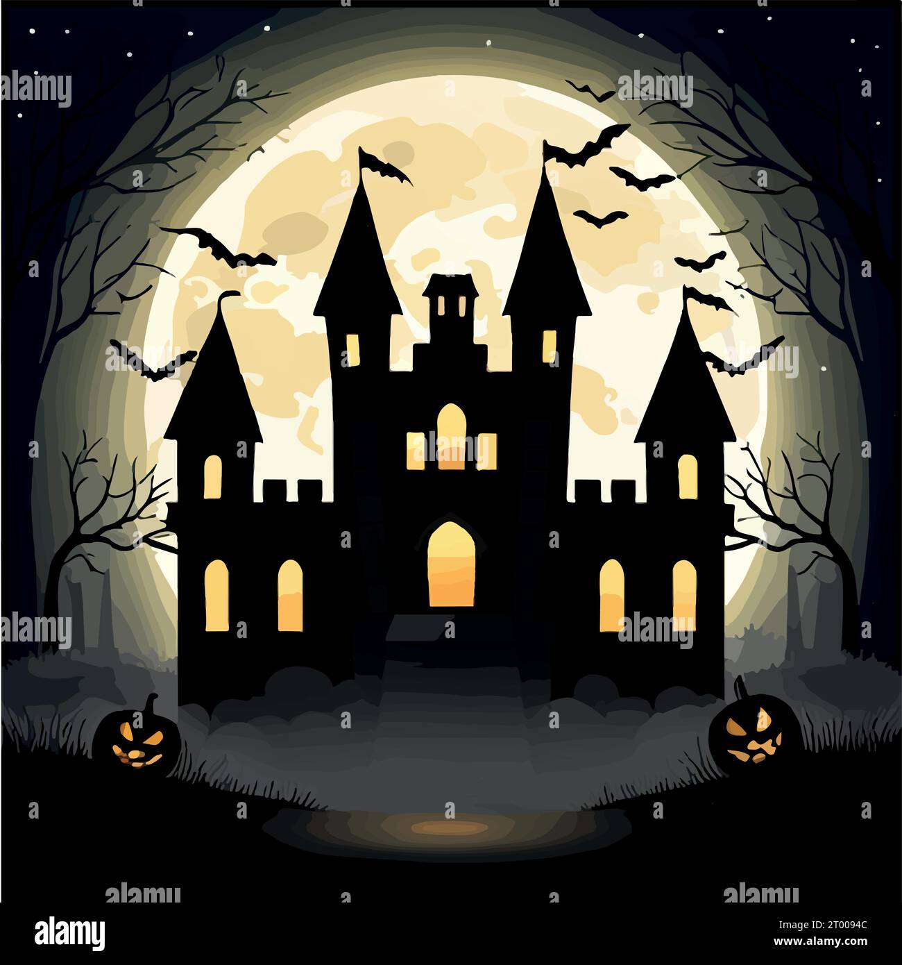 Fond d'horreur de scène d'Halloween avec des citrouilles effrayantes de manoir hanté halloween effrayante Evil Houseat nuit avec la pleine lune, illustration vectorielle Illustration de Vecteur