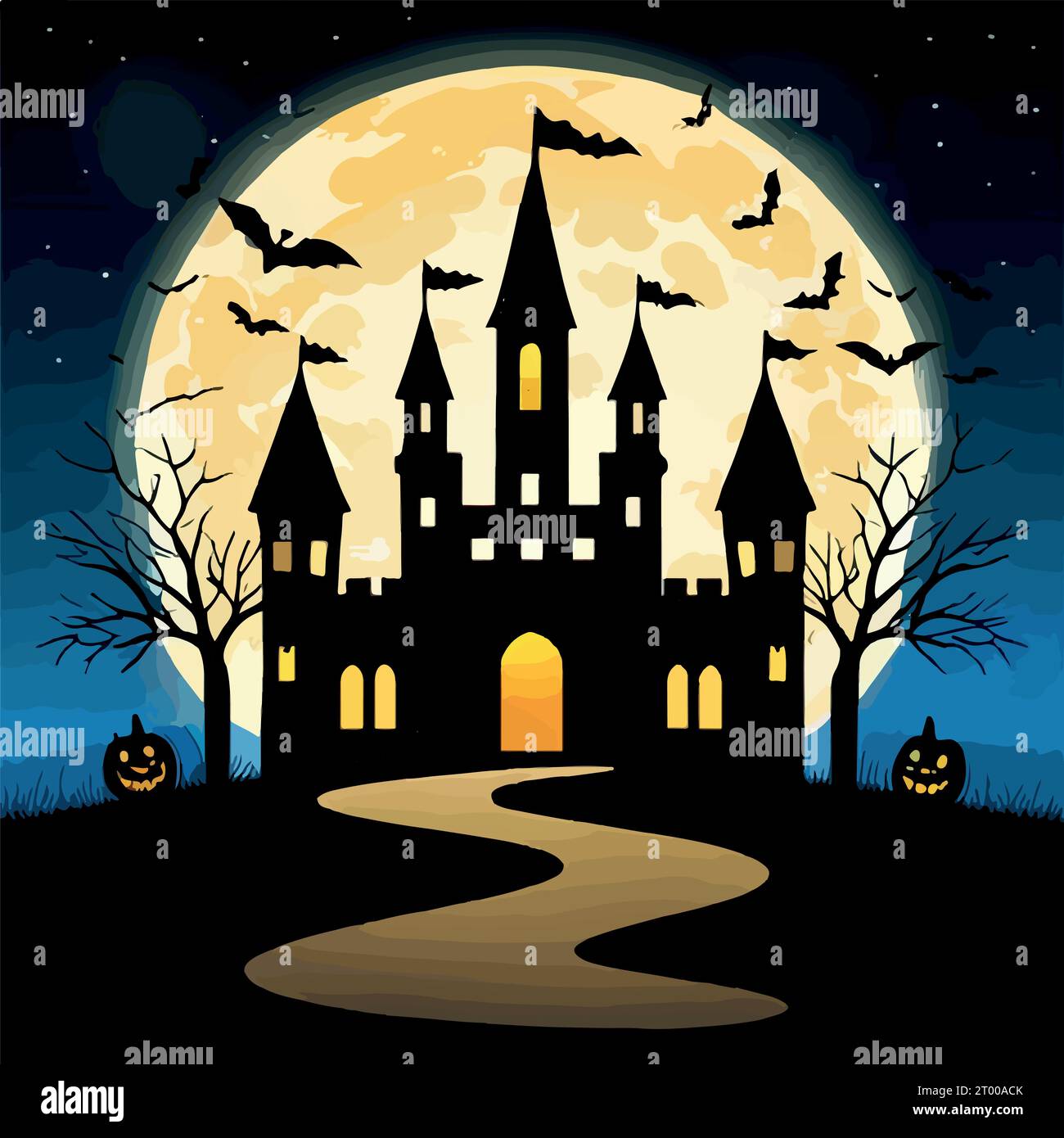 Fond d'horreur de scène d'Halloween avec des citrouilles effrayantes de manoir hanté halloween effrayante Evil Houseat nuit avec la pleine lune, illustration vectorielle Illustration de Vecteur