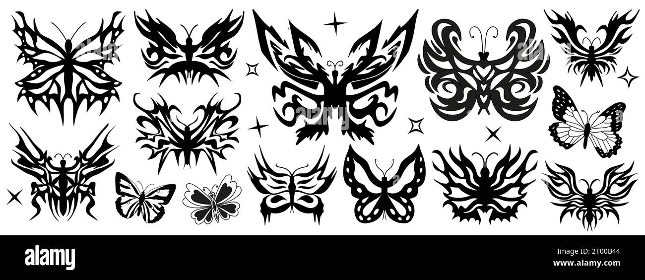 Neo tribal y2k tatouage forme papillon. Décorations dessinées à la main de style cyber sigilisme. Illustration vectorielle de motifs de tatouage tribal gothique noir. Isolé Illustration de Vecteur