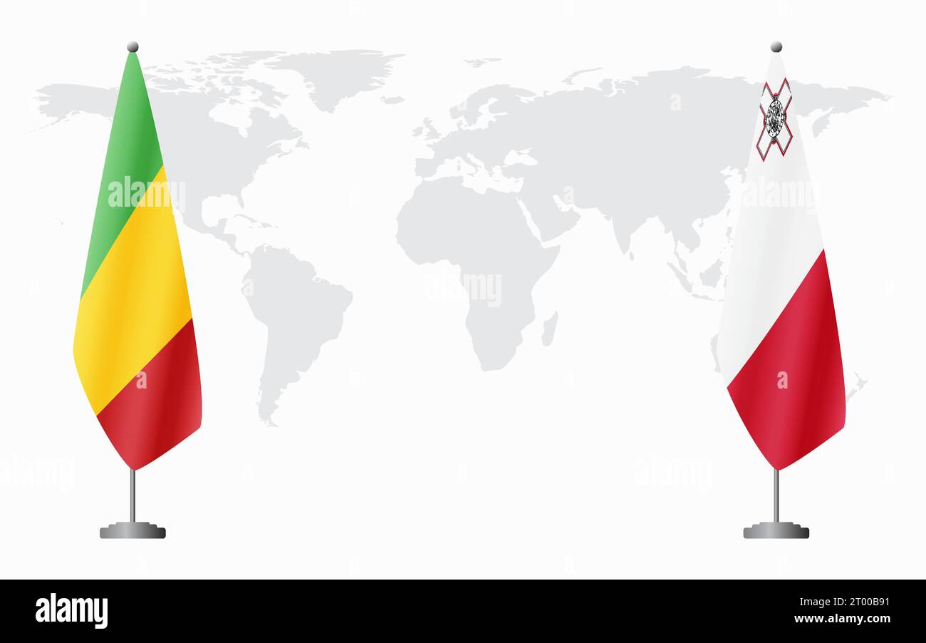 Drapeaux du Mali et de Malte pour la réunion officielle sur fond de carte du monde. Illustration de Vecteur