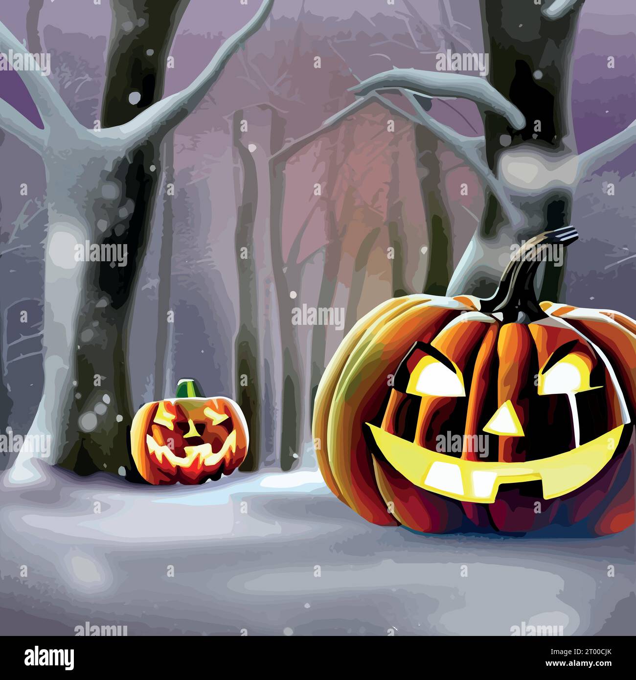 Citrouilles Halloween dans une neige dans un jardin et chauves-souris dans l'illustration vectorielle. Illustration vectorielle Illustration de Vecteur