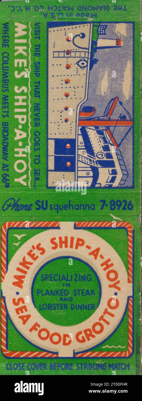 Mikes Ship A-Hoy Seafood Grotto, Columbus & Broadway at 66th - US Matchbook couvre c1940 Banque D'Images