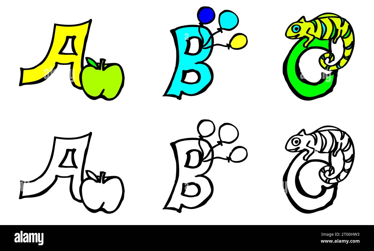 Alphabet coloré peint à la main avec des animaux, apprendre les lettres abc, écrire, lire le travail en allemand et en anglais : Apple commence par Un dans les deux langues Banque D'Images