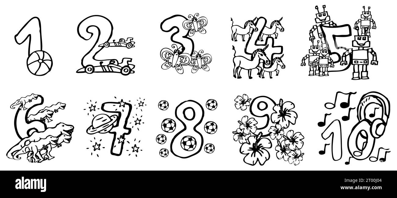 numéros peints à la main enfants, les tout-petits peuvent apprendre les mathématiques ou la couleur dans les images, dinosaure, fleurs, écouteurs, papillons, 1 2 3 4 5 6 7 8 9 10 Banque D'Images