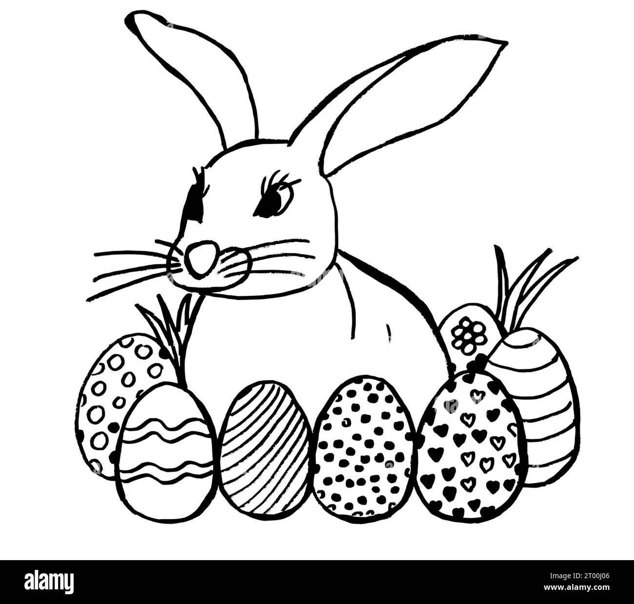 lapin et sept oeufs de pâques heureux dessin à la main lapin pour les livres d'enfants, cartes d'enfants et voeux de vacances. coloriage pour les enfants d'âge préscolaire Banque D'Images