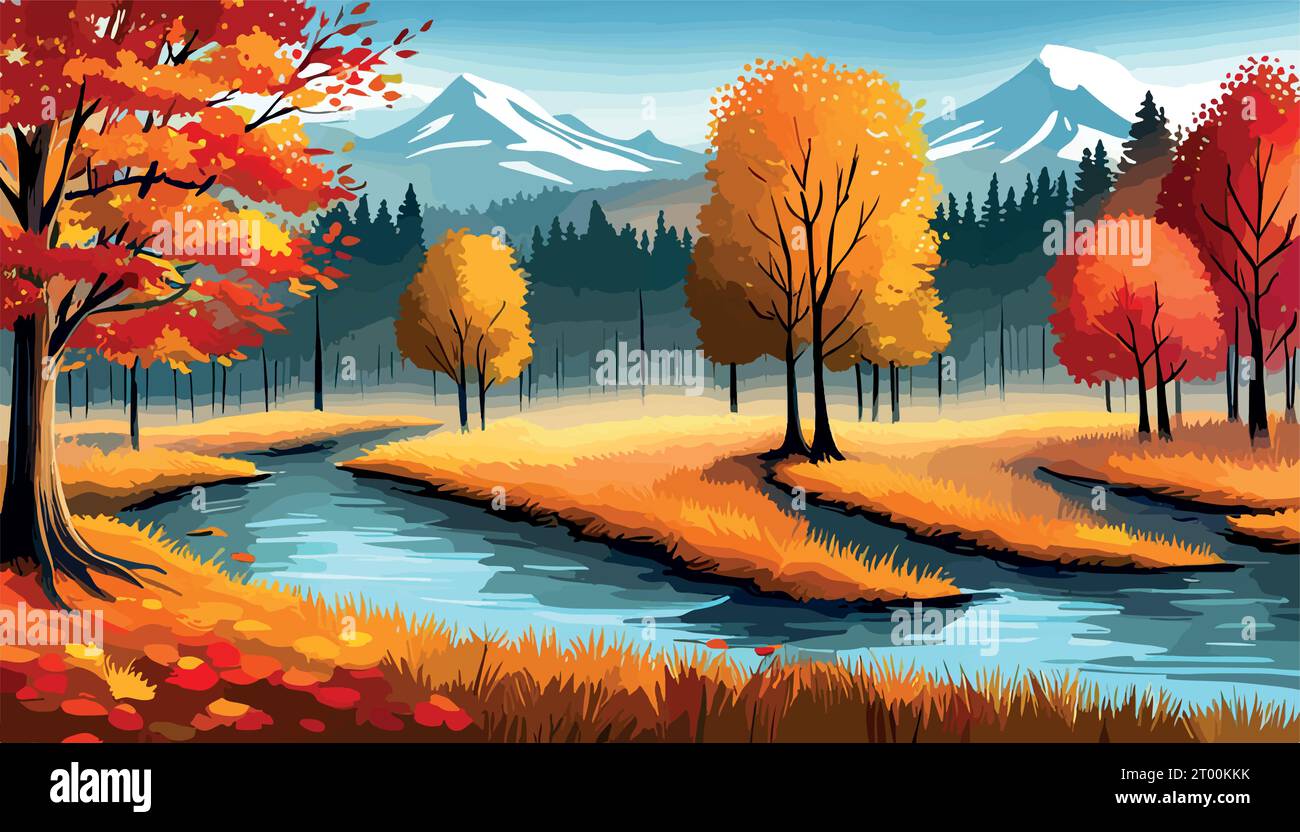 Bannière forêt Une rivière dans les montagnes avec une montagne dans le paysage d'automne de fond avec des arbres jaunes illustration vectorielle. Illustration vectorielle Illustration de Vecteur
