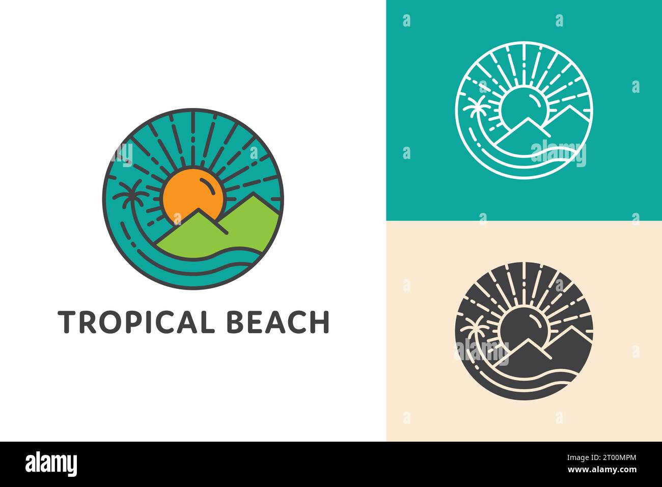 design de logo d'emblème de plage tropicale de line art avec un palmier montagne soleil mer océan et île Illustration de Vecteur